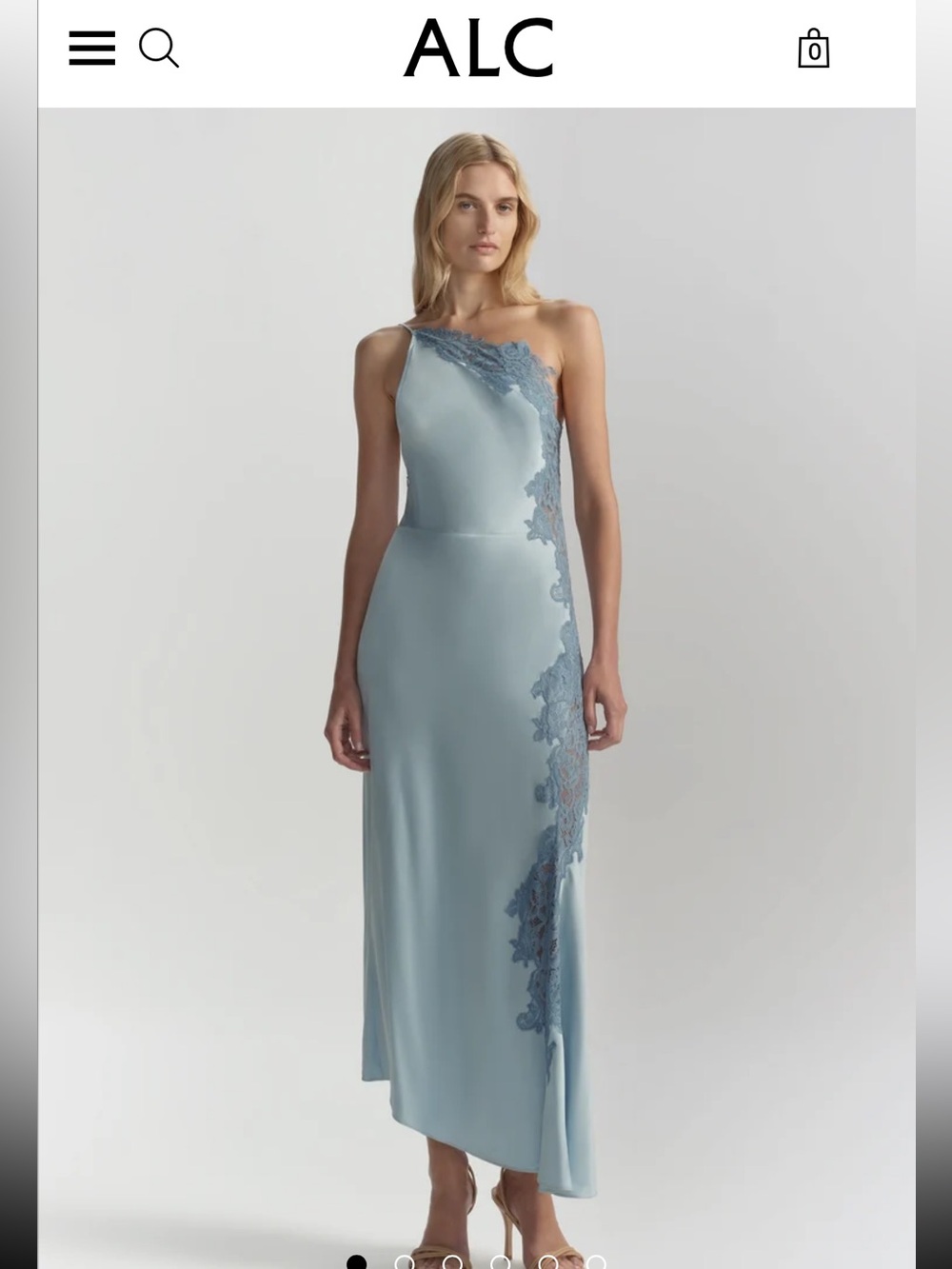 A.L.C. One-Shoulder Powder Blue Satin Midi Dress with Lace Appliqué